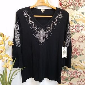 Fleur de Lis Embellished Knit Shirt by Reba Woman
